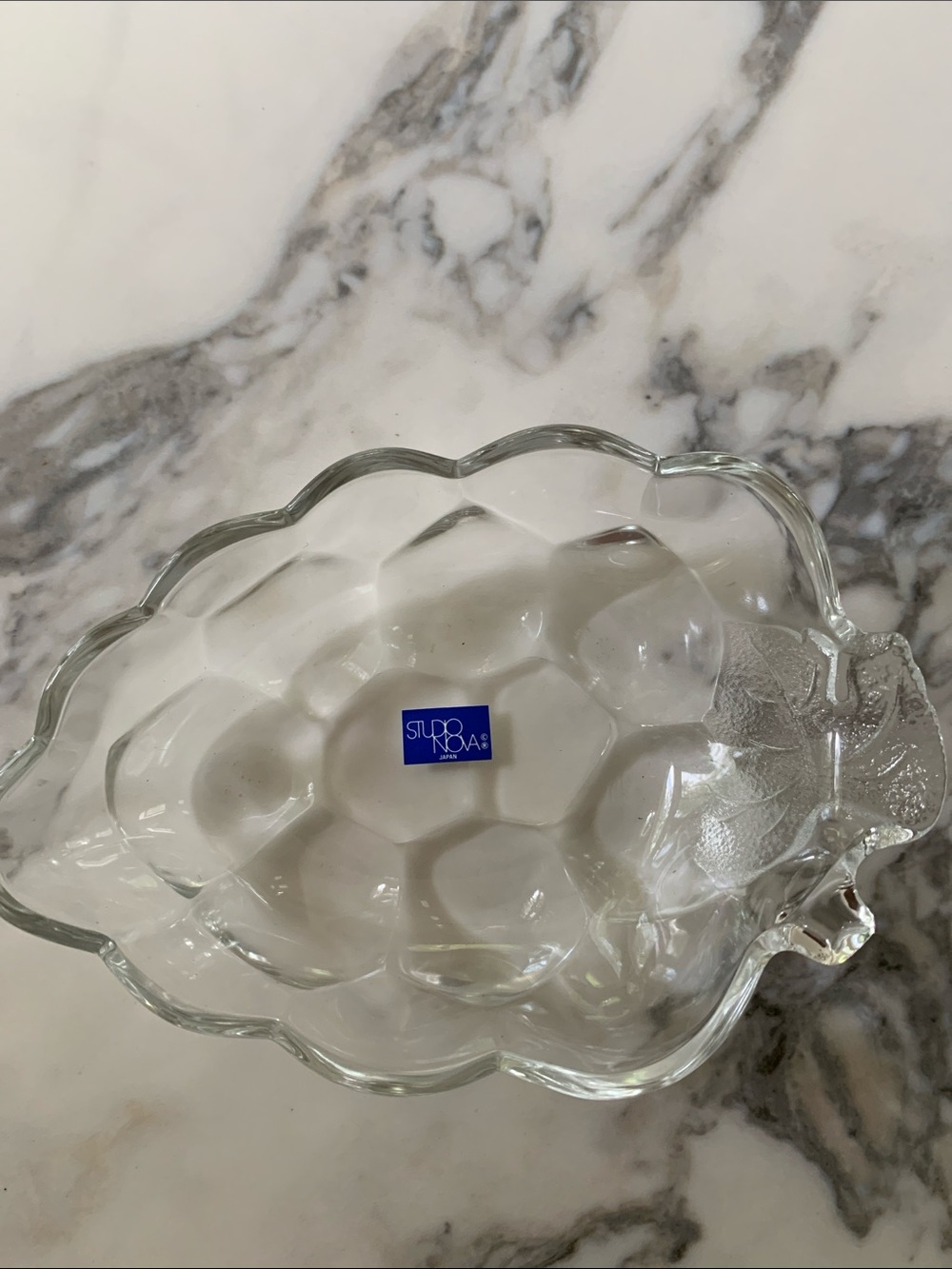 Studio Nova Clear Glass Leaf-Shaped Decorative Bowl with Blue Label